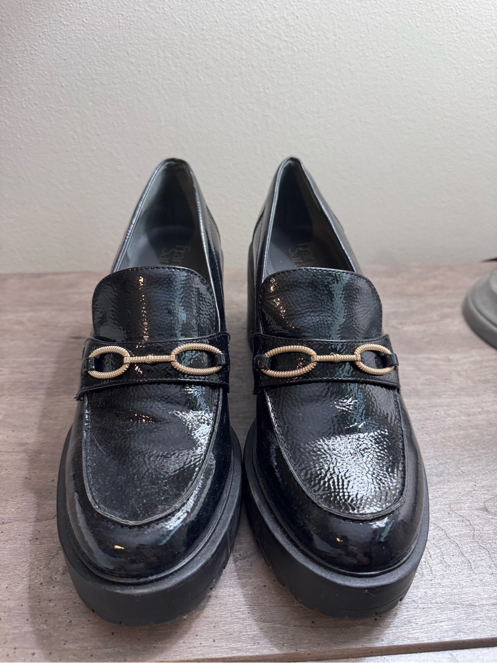 Black Patent Heel Loafers with Gold Buckle